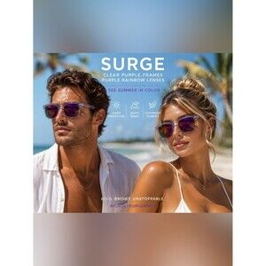 SURGE Sunglasses Beach Summer Clear Purple Frames Purple Rainbow Lenses NEW
